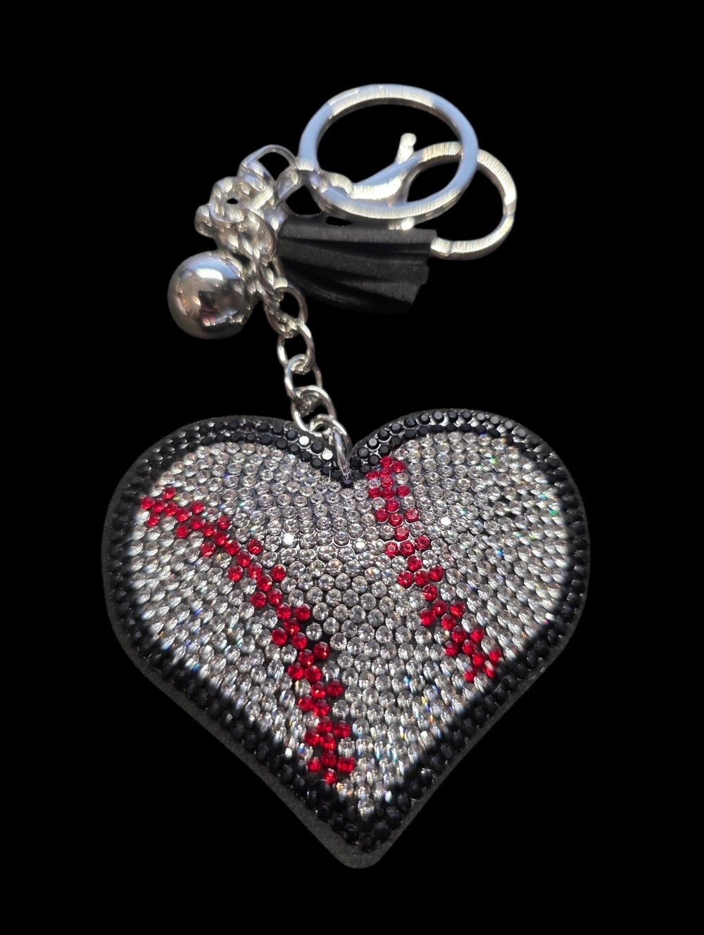 Heart Baseball Bag Charm Keychain with Rhinestones